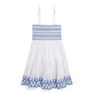 Polo Ralph Lauren Girls' Smocked Eyelet Cotton Jersey Dress Blue and White Sz 3